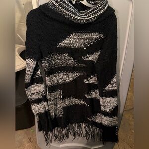 VENUS Black and White Marled Fringe Cowl Sweater